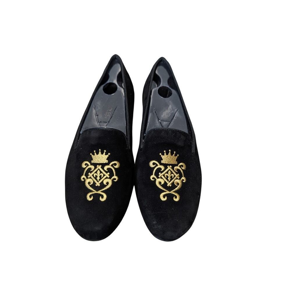 AEROSOLES BETLINIA size 8.5; Black velvet loafers/flats, gold embroidered crest - Picture 3 of 11